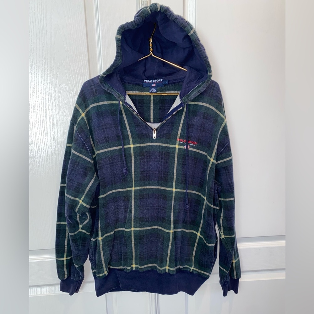 VTG 90’s Ralph Lauren Polo Sport Tartan Plaid Quarter Zip Blackwatch Hoodie L